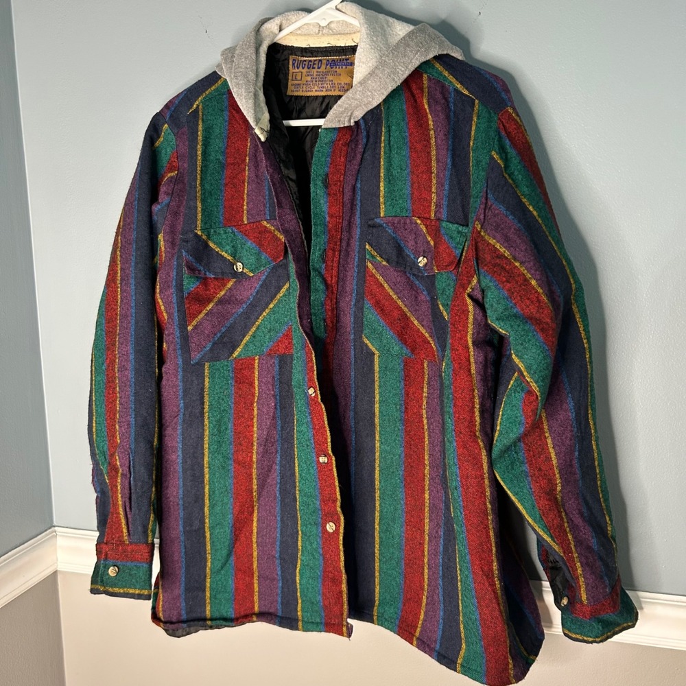 Rugged Point Mens Large Quilted Lined Hooded Flannel Shirt Jacket Striped Multi
